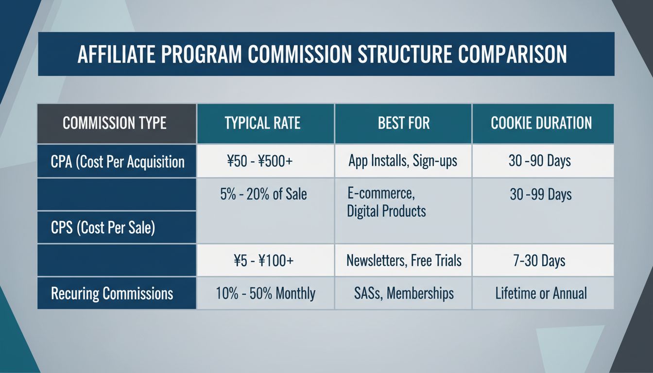 Tableau comparatif des structures de commission montrant CPA, CPS, CPL et commissions récurrentes avec taux et durées de cookie