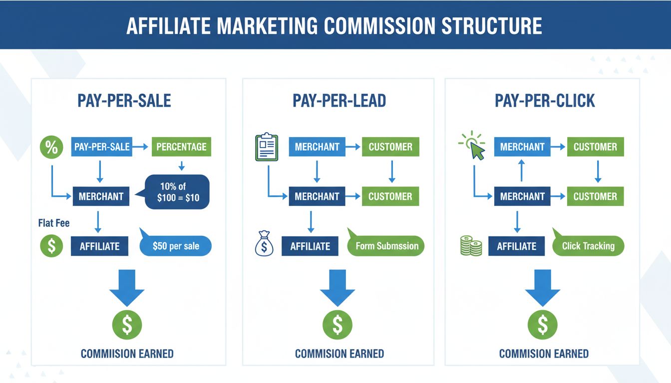 Infographie sur la structure de commission en marketing d'affiliation montrant les modèles Pay-Per-Sale, Pay-Per-Lead et Pay-Per-Click avec exemples de calculs