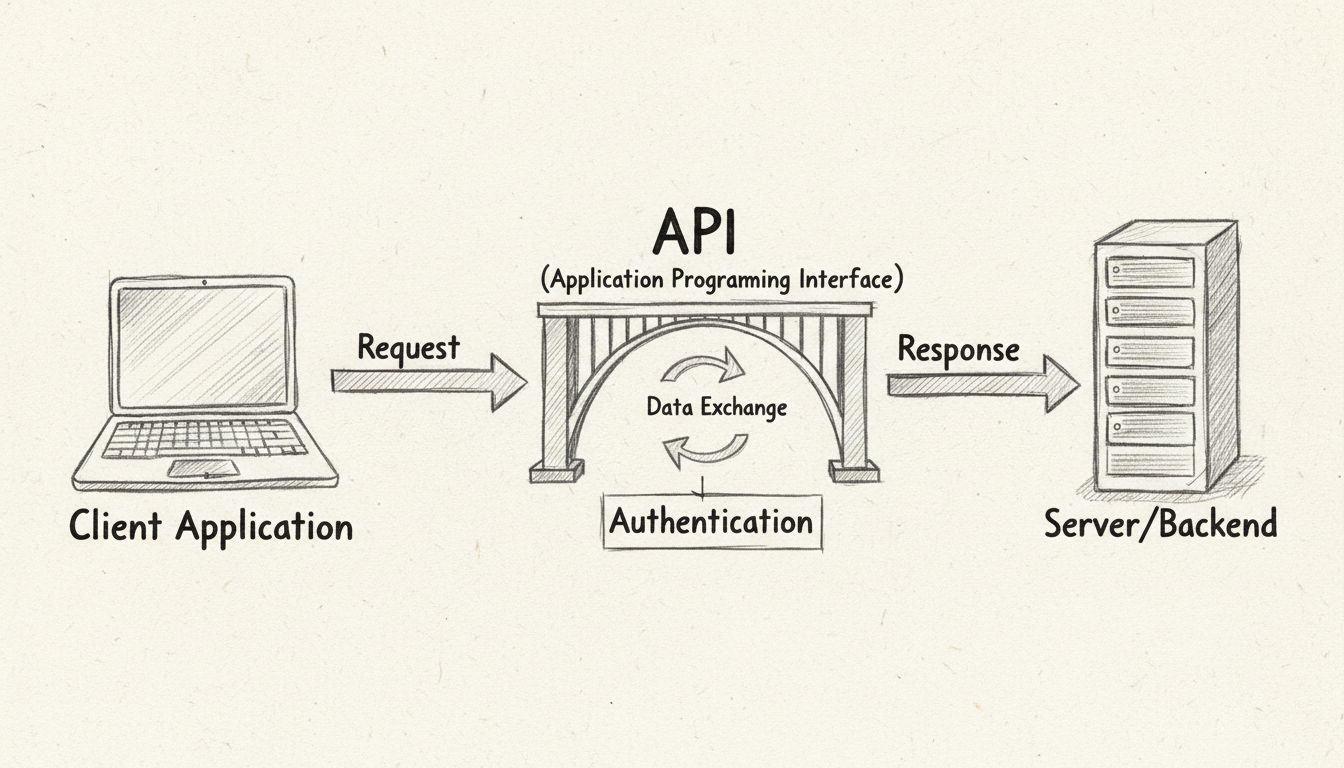 Schéma dessiné à la main montrant le flux de communication d'une API entre une application cliente, un pont API et un serveur avec des flèches de requête et de réponse