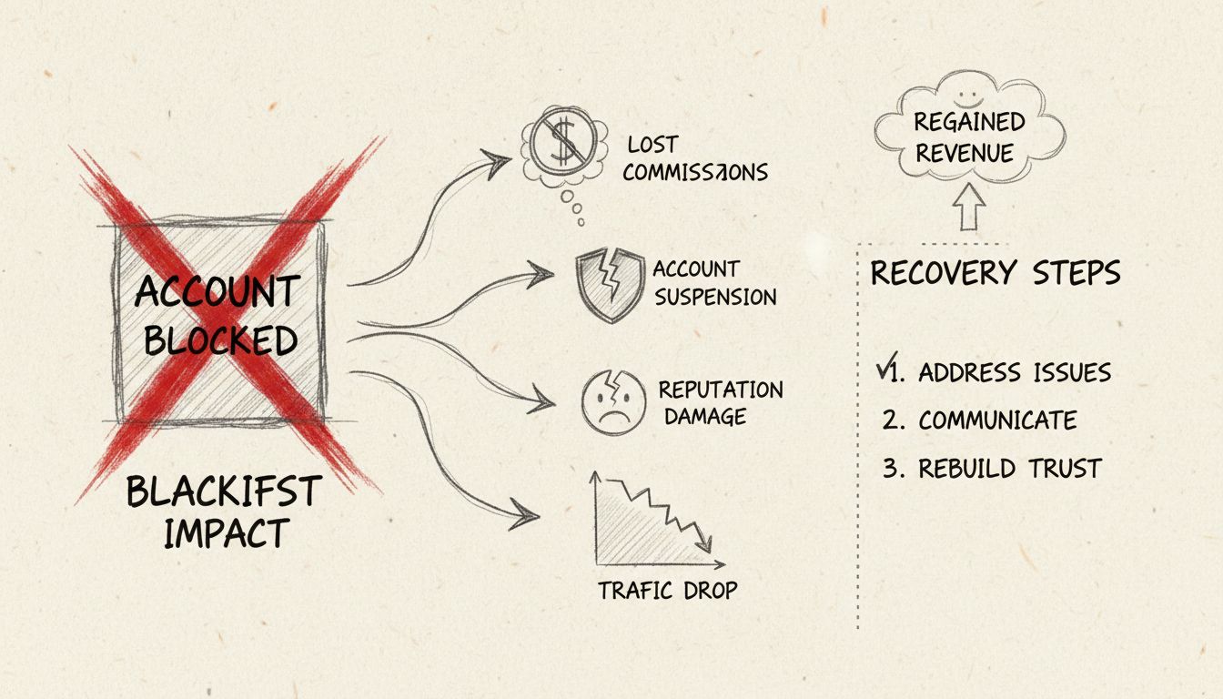 Diagramme d'impact d'une blacklist montrant suspension de compte, perte de revenus et étapes de récupération