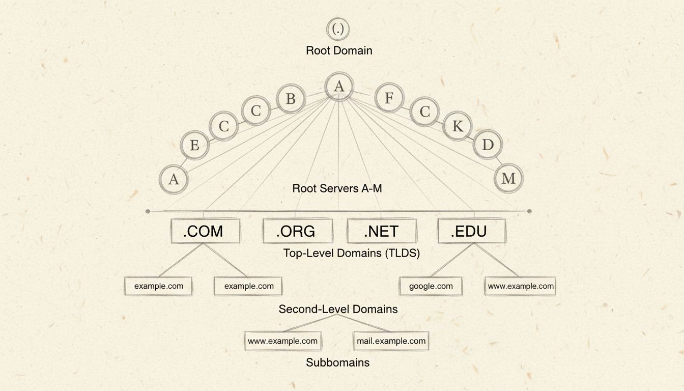 Structure hiérarchique DNS montrant le domaine racine, les 13 serveurs racines, les TLD, les domaines de second niveau et les sous-domaines sous forme d'arbre