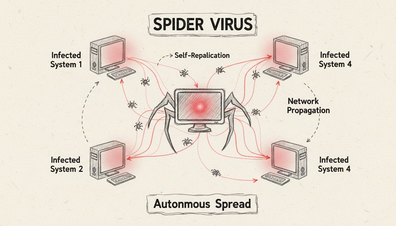 Schéma technique montrant la propagation d’un virus spider sur un réseau avec des systèmes infectés se propageant à travers les nœuds connectés