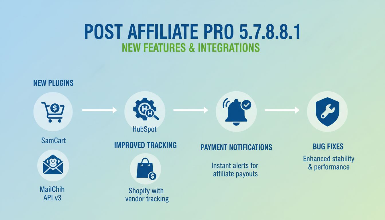 Infographie des nouveautés de Post Affiliate Pro 5.7.8.1 montrant les intégrations SamCart, MailChimp API v3, HubSpot, Shopify et les notifications de paiement