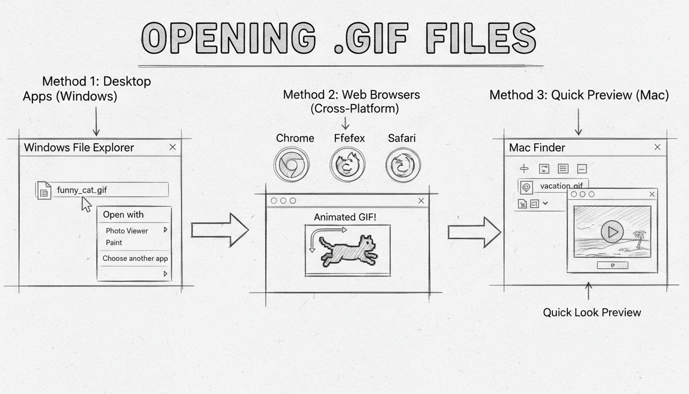 Schéma dessiné à la main montrant différentes méthodes pour ouvrir des fichiers GIF sous Windows, Mac et navigateurs web avec des étapes et flèches étiquetées
