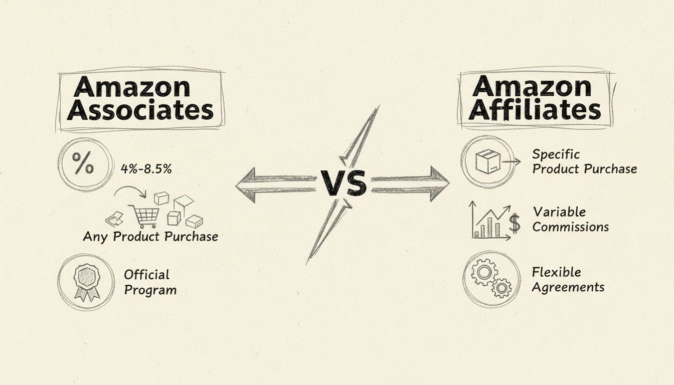 Schéma comparatif dessiné à la main entre Amazon Associates et Amazon Affiliates illustrant les structures de commissions et les mécanismes de gains