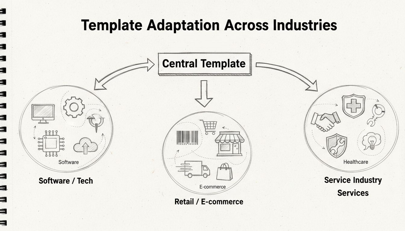 Schéma dessiné à la main montrant l’adaptation de modèles à différents secteurs, dont logiciels, retail, services, e-commerce et santé