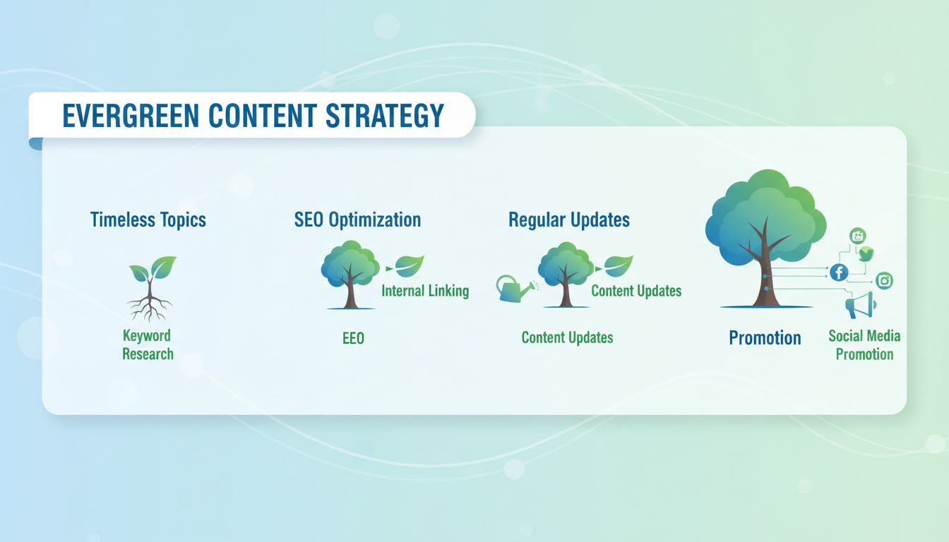 Infographie sur la stratégie de contenu evergreen montrant des sujets intemporels, optimisation SEO, mises à jour régulières et techniques de promotion