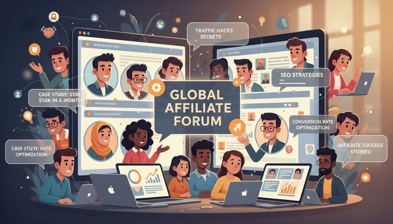 Des affiliés divers collaborant sur un forum en ligne, échangeant des stratégies et partageant des études de cas