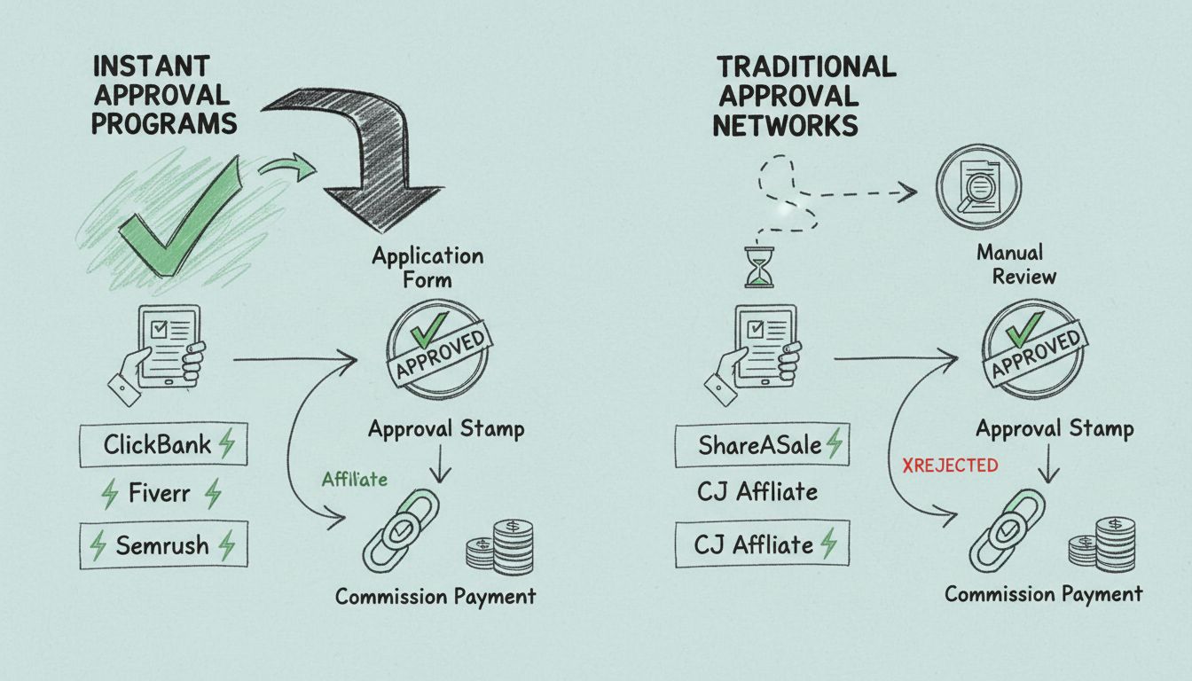 Diagramme du processus d'approbation en marketing d’affiliation comparant l’approbation instantanée à l’approbation traditionnelle