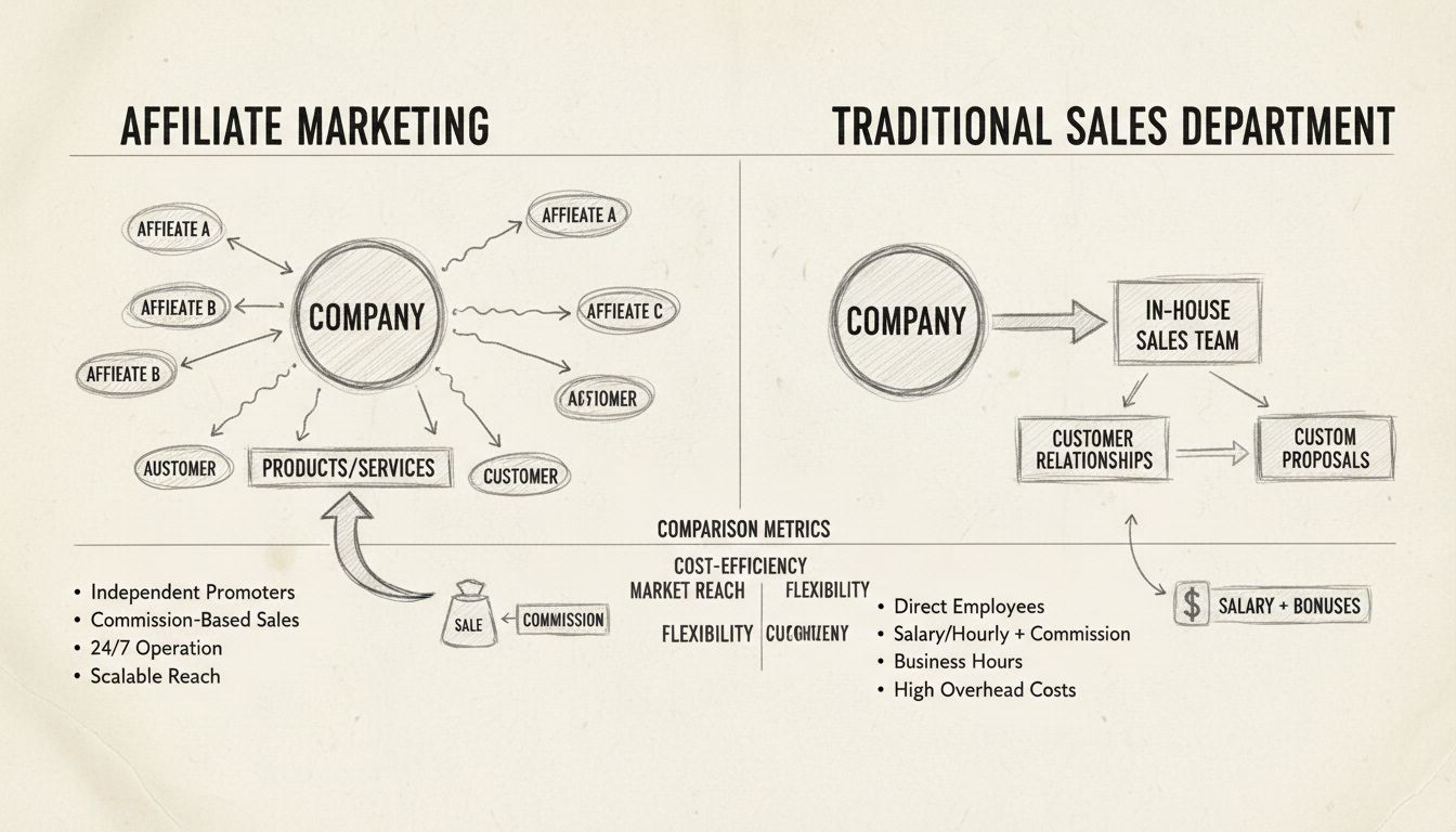 Diagramme comparatif entre le marketing d'affiliation et un service commercial traditionnel montrant les différences clés en structure, coûts et capacités
