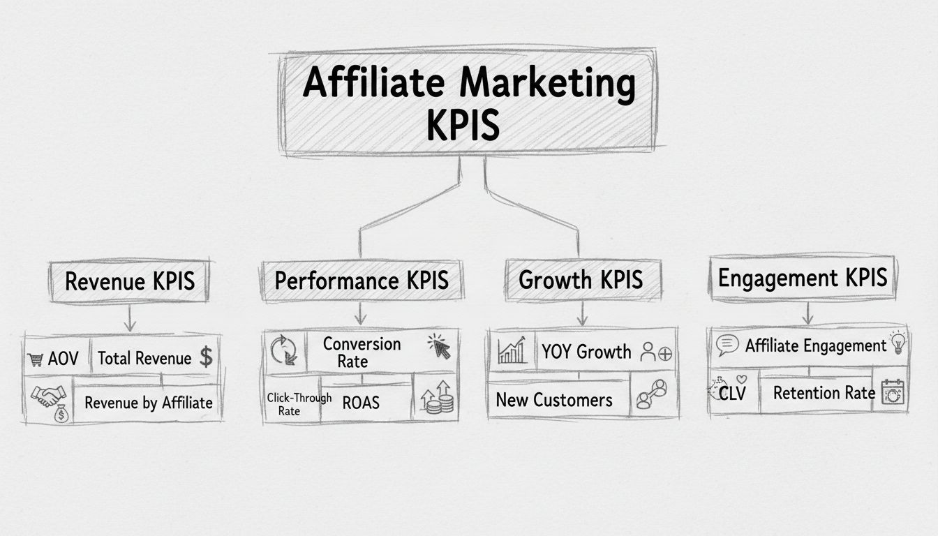Diagramme de hiérarchie des KPI du marketing d’affiliation montrant les indicateurs de Chiffre d’affaires, Performance, Croissance et Engagement