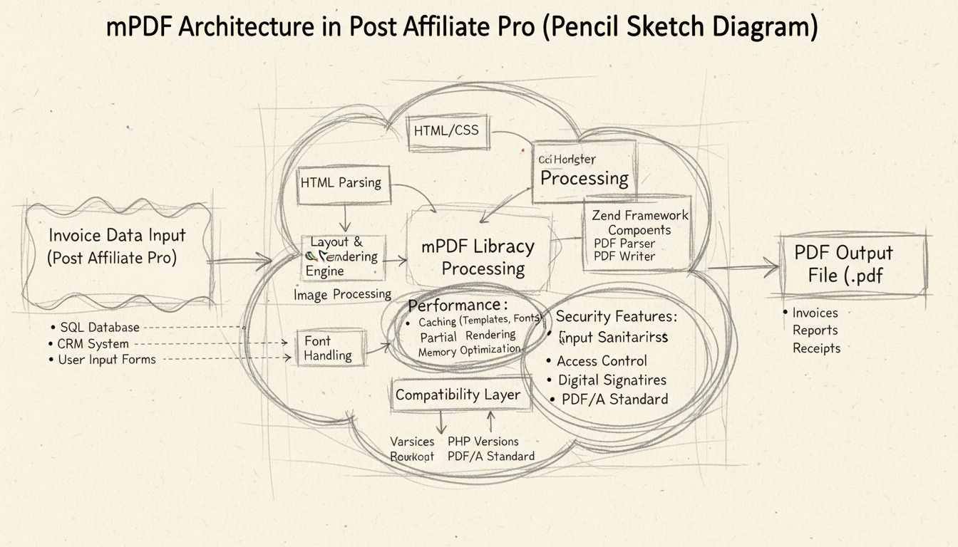 Schéma de l’architecture de la bibliothèque mPDF montrant le flux de génération de PDF depuis les données de facturation jusqu’à la sortie avec des améliorations de performance et des fonctionnalités de sécurité