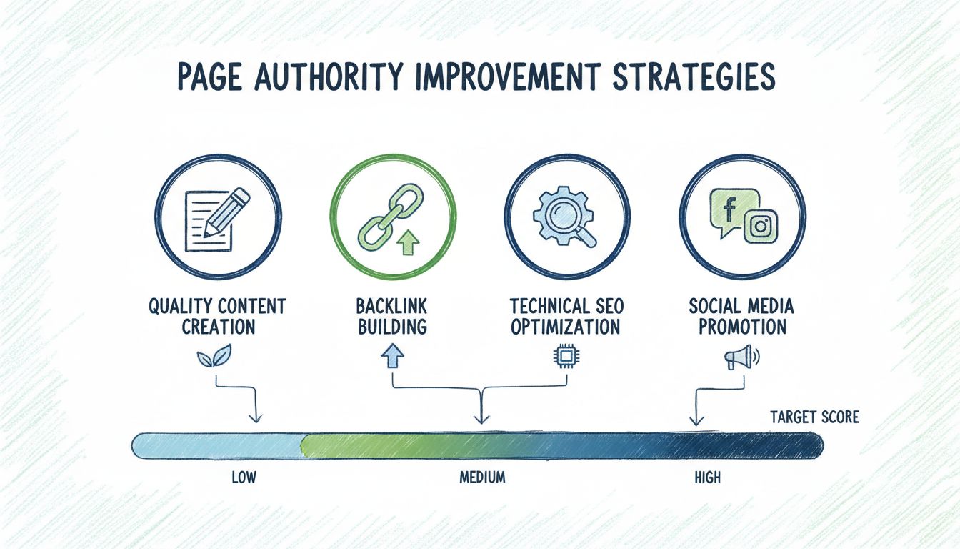 Infographie sur les stratégies d’amélioration de l’autorité de page : création de contenu de qualité, obtention de backlinks, optimisation SEO technique et promotion sur les réseaux sociaux, avec une échelle de score PA