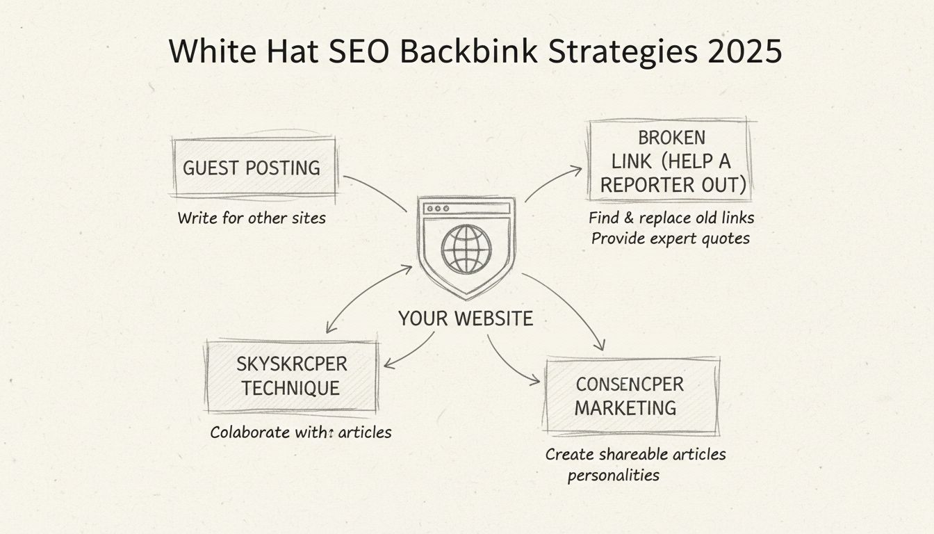 Stratégies de backlinks SEO White Hat 2025 - Schéma dessiné à la main montrant Guest Posting, Broken Link Building, HARO, Skyscraper Technique, Content Marketing, et Influencer Outreach