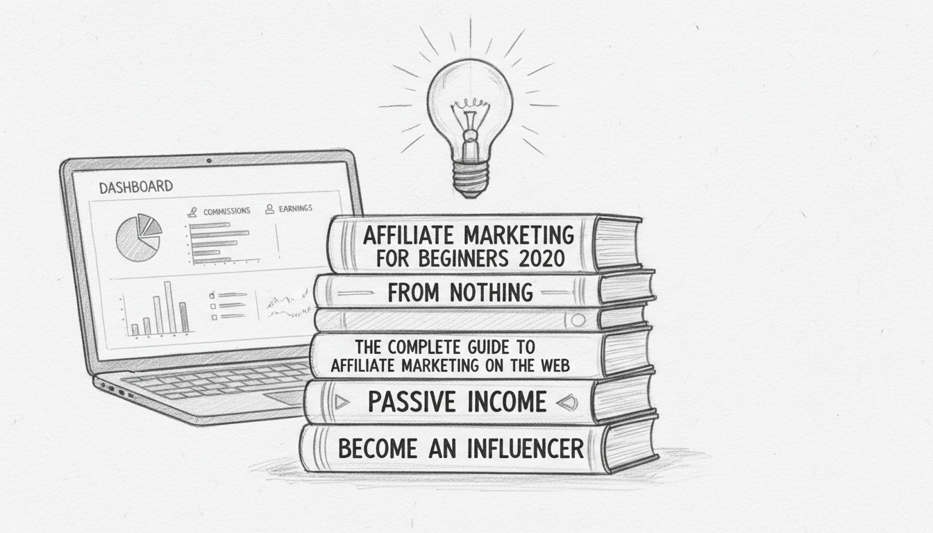 Pile de livres sur le marketing d'affiliation avec une ampoule symbolisant l'apprentissage et la connaissance