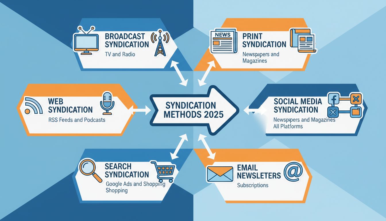 Infographie montrant différents types de méthodes de syndication, notamment la diffusion, le web, la recherche, l’imprimé, les réseaux sociaux et l’email