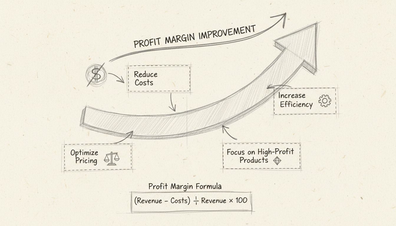 Diagramme des stratégies d'amélioration de la marge bénéficiaire montrant la réduction des coûts, l'optimisation des prix, les gains d'efficacité et la concentration sur les produits à forte rentabilité