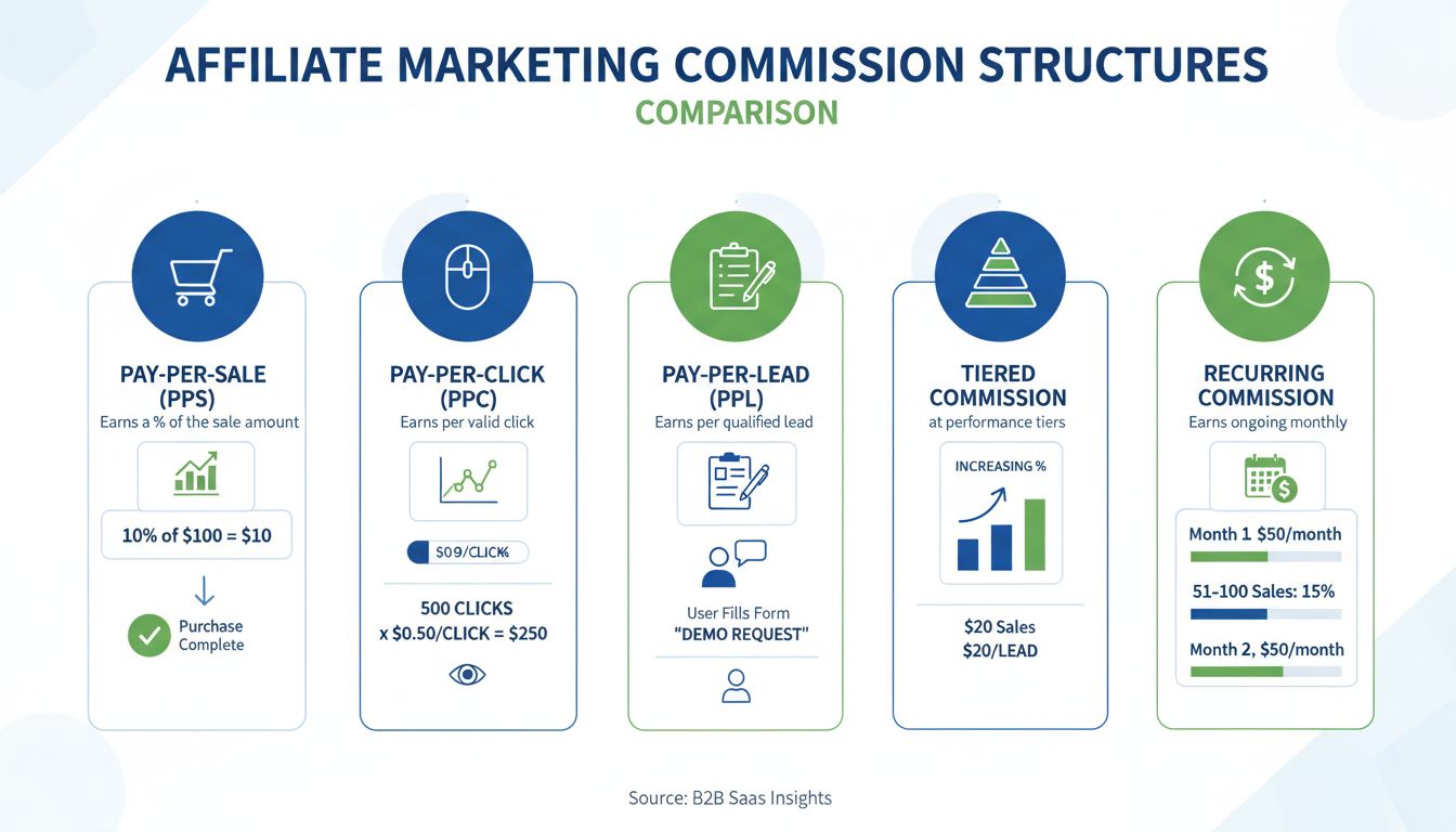 Comparatif des structures de commission en marketing d'affiliation montrant les modèles PPS, PPC, PPL, à paliers et récurrents avec pourcentages et métriques de paiement
