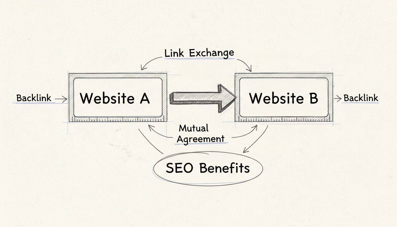 Diagramme dessiné à la main montrant l’échange de liens réciproques entre deux sites web avec des flèches bidirectionnelles et des annotations sur les avantages SEO