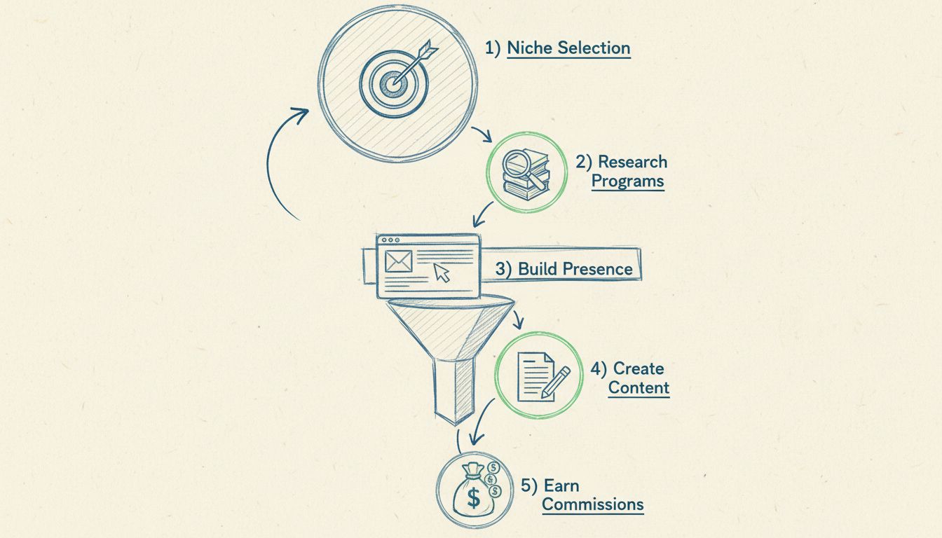 Tunnel de conversion en affiliation high-ticket en 5 étapes : choix de la niche, recherche de programmes, construction de la présence, création de contenu, et génération de commissions