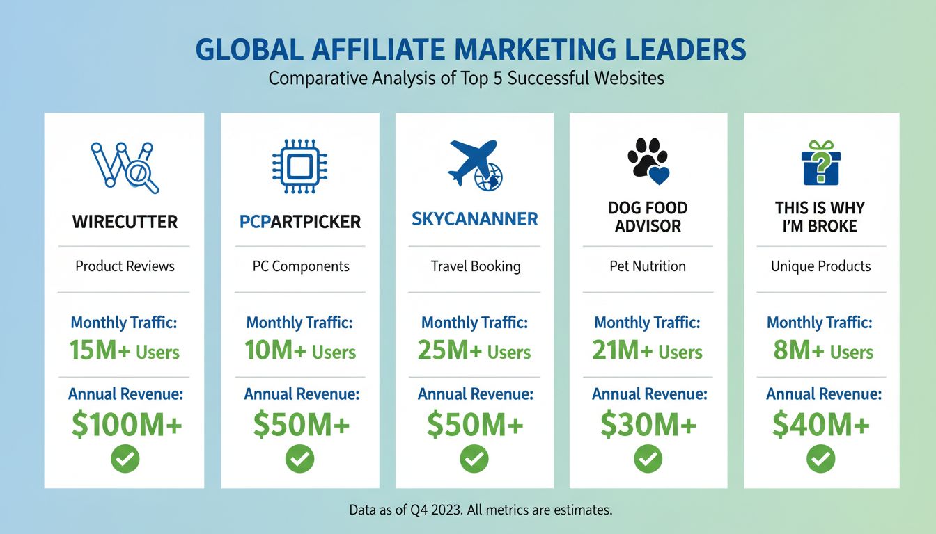 Comparaison des sites d’affiliation à succès montrant les métriques de trafic et la performance en revenus