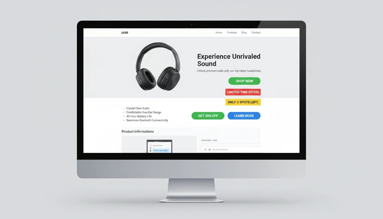 Professional affiliate marketing landing page showing multiple CTA button examples with urgency messaging and proper placement