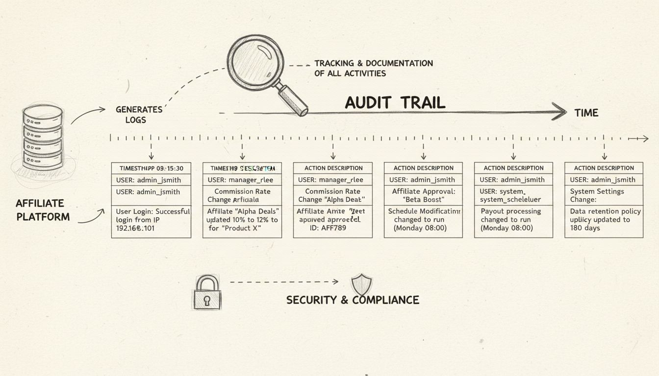 Schéma dessiné à la main montrant la chronologie d’un journal d’audit avec des enregistrements chronologiques des activités du programme d’affiliation, y compris les connexions utilisateur, les modifications de commission, les validations d’affiliés et les modifications système