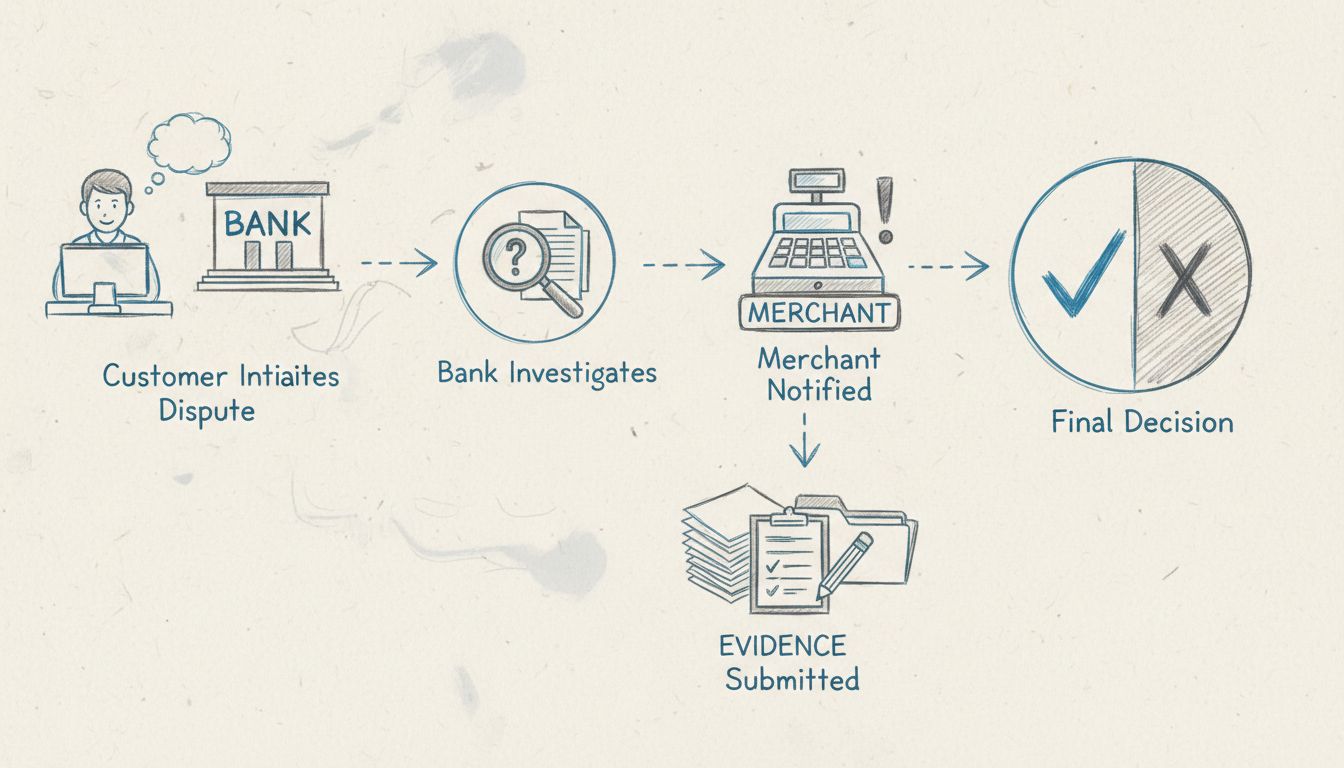 Diagramme du processus de rétrofacturation en cinq étapes : le client initie le litige, la banque enquête, le commerçant est notifié, les preuves sont soumises, puis décision finale