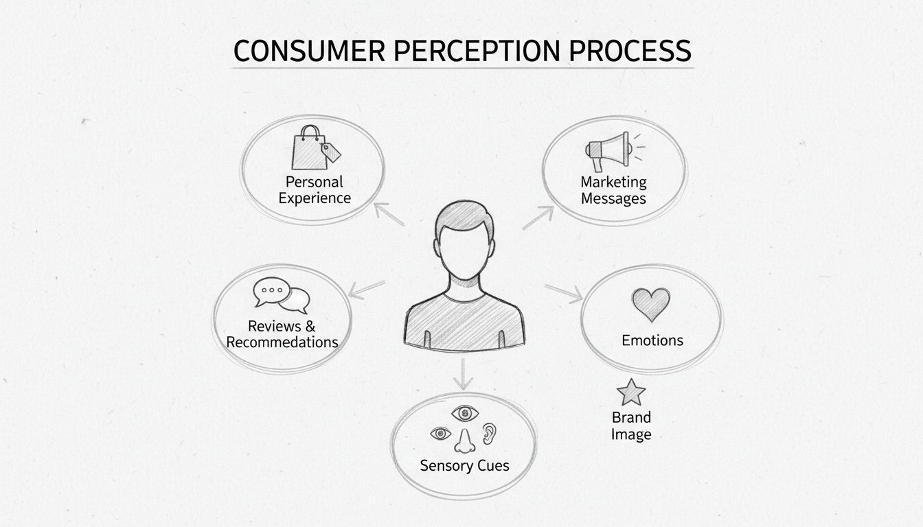 Diagramme du processus de perception des consommateurs montrant comment l'expérience personnelle, les messages marketing, les avis, les émotions, les signaux sensoriels et l'image de la marque influencent la perception client