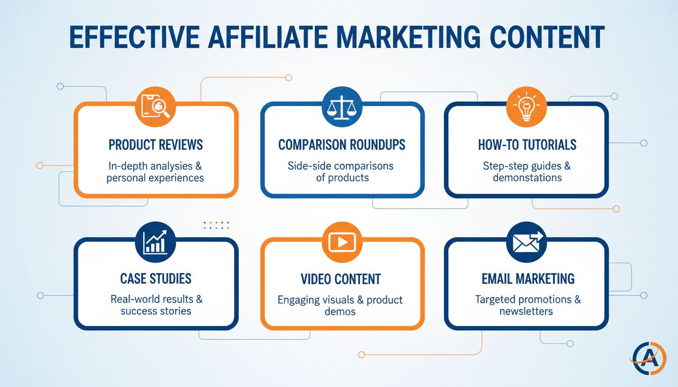 Six types de contenu d'affiliation efficace : Avis produits, Comparatifs, Tutoriels pratiques, Études de cas, Vidéos et Email marketing