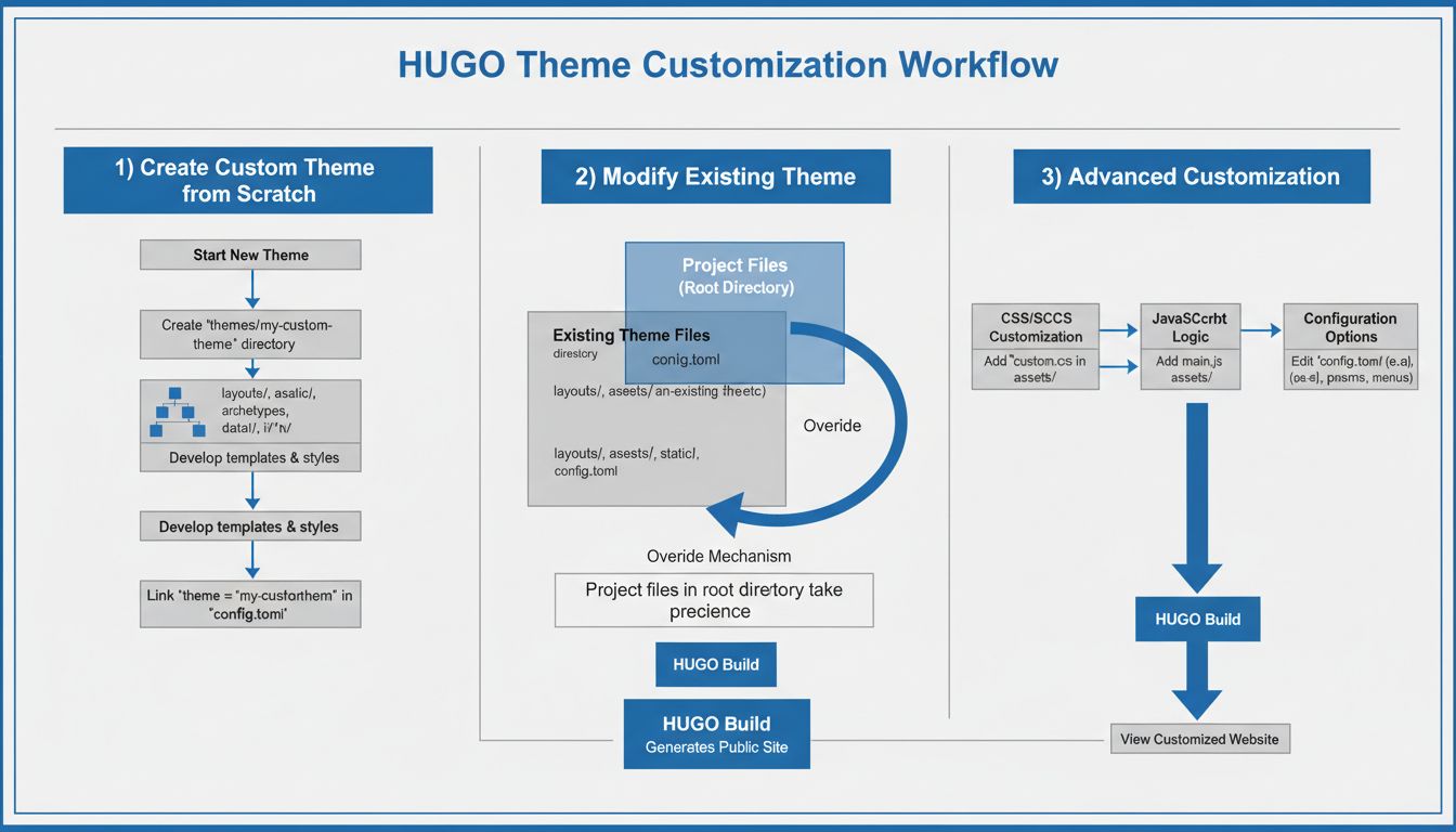 Flux de personnalisation de thème HUGO montrant trois chemins : créer un thème personnalisé à partir de zéro, modifier un thème existant et options de personnalisation avancées