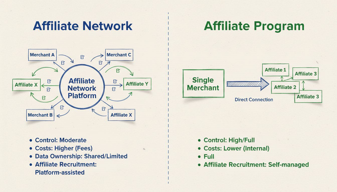 Diagramme comparatif montrant la structure et les différences entre réseau d'affiliation et programme d'affiliation