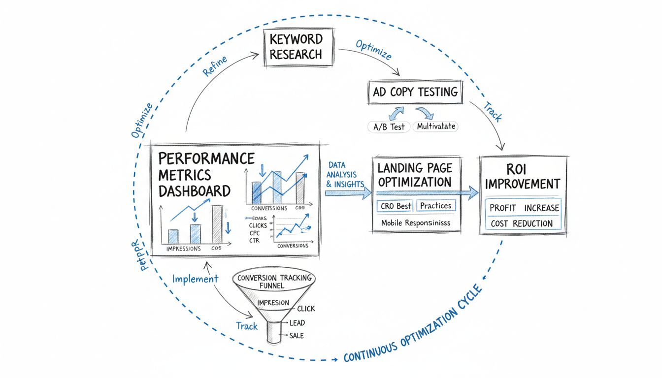 Diagramme du flux de travail d’optimisation de campagne PPC montrant la recherche de mots-clés, les tests publicitaires, l’optimisation des pages d’atterrissage, le suivi des métriques et le cycle d’amélioration du ROI