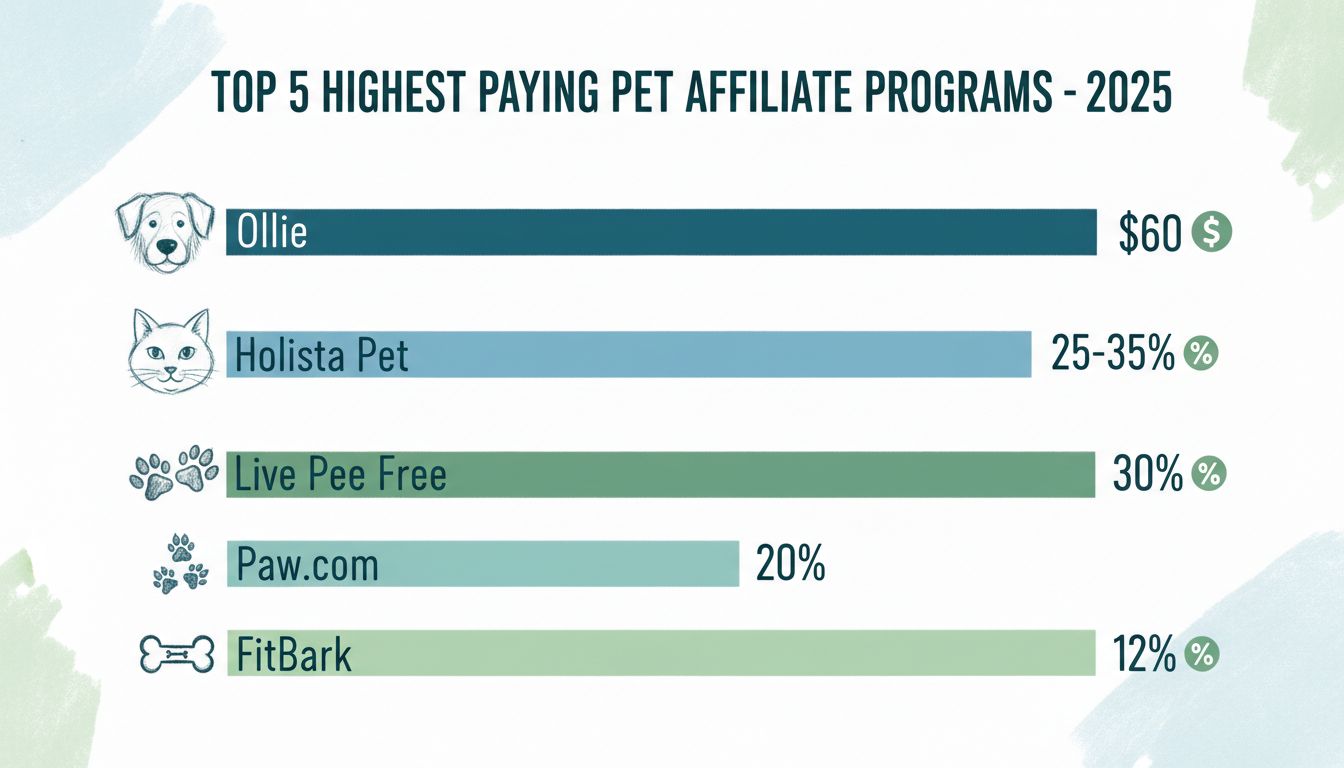 Comparatif 2025 des 5 meilleurs programmes d'affiliation animalière : Ollie 60 $, Holista Pet 25-35 %, Live Pee Free 30 %, Paw.com 20 %, FitBark 12 %