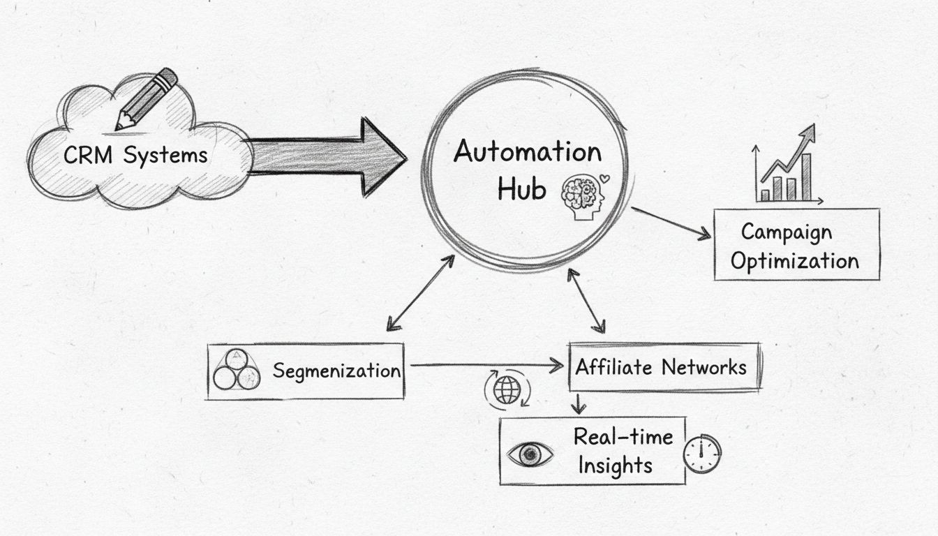 Schéma du flux d'automatisation montrant la collecte de données, la segmentation, la personnalisation et l'optimisation des campagnes pour le marketing d'affiliation