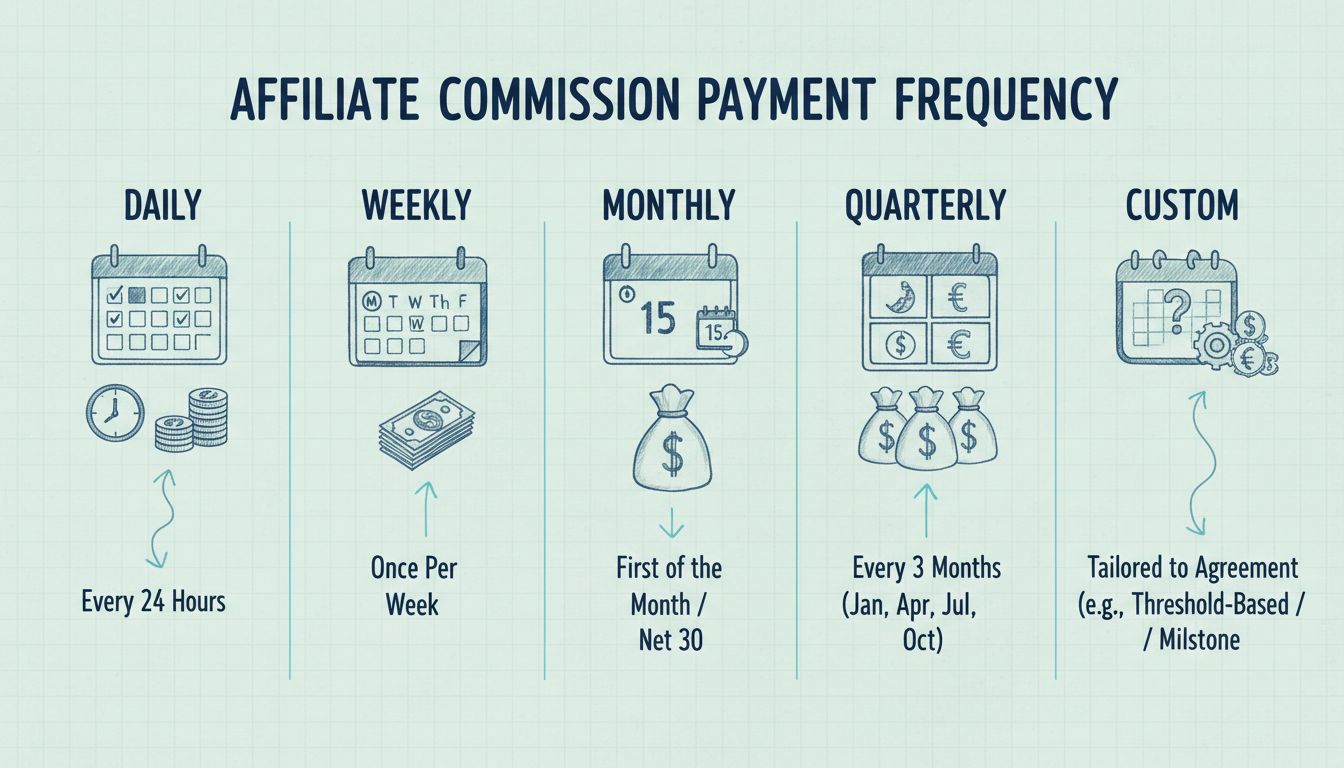 Options de fréquence de paiement des commissions d'affiliation affichant les intervalles quotidien, hebdomadaire, mensuel, trimestriel et personnalisé avec des icônes de calendrier et des plannings de paiement