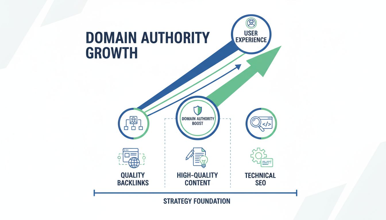 Stratégie de croissance de l'autorité de domaine montrant les backlinks, la qualité du contenu, le SEO technique et l'expérience utilisateur
