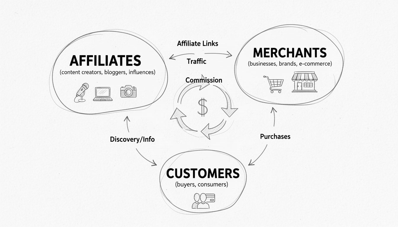Diagramme de l'écosystème du marketing d'affiliation montrant la relation entre Affiliés, Marchands et Clients avec des flèches indiquant le flux de trafic, les liens affiliés, les commissions et les ventes