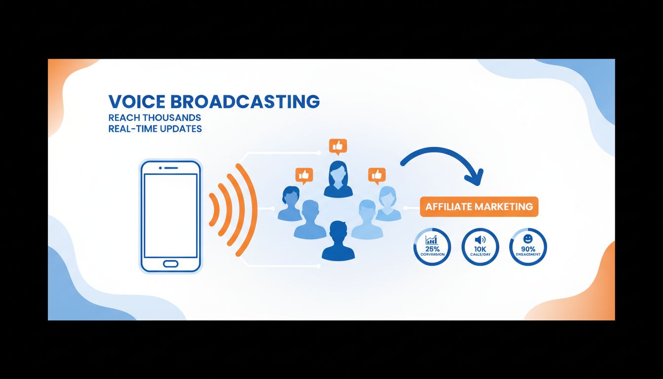 Infographie voice broadcasting montrant un smartphone avec des ondes sonores atteignant plusieurs clients pour le marketing d’affiliation