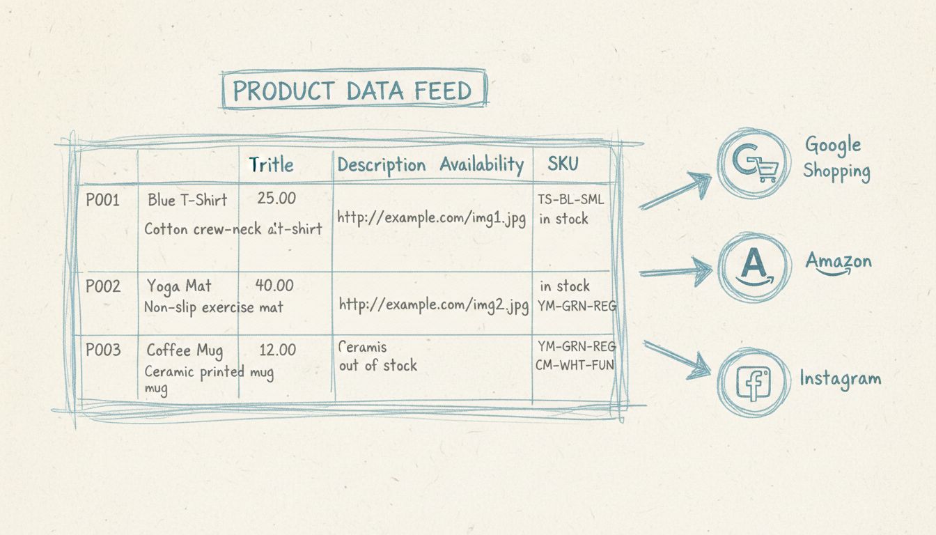 Schéma de structure de flux produit montrant une feuille de calcul avec des données produits transmises à plusieurs plateformes
