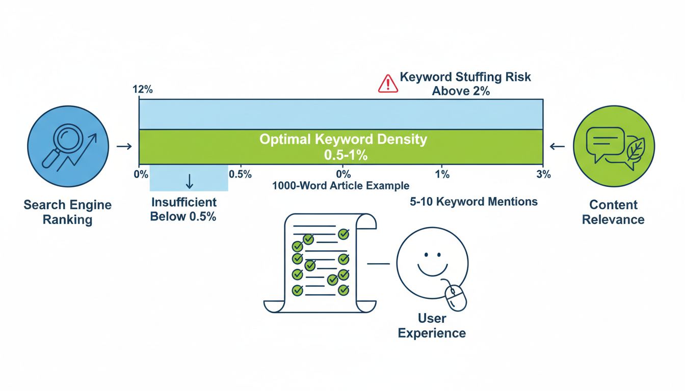 Infographie sur l’optimisation de la densité de mots-clés montrant la plage optimale de 0,5 à 1 % pour le SEO