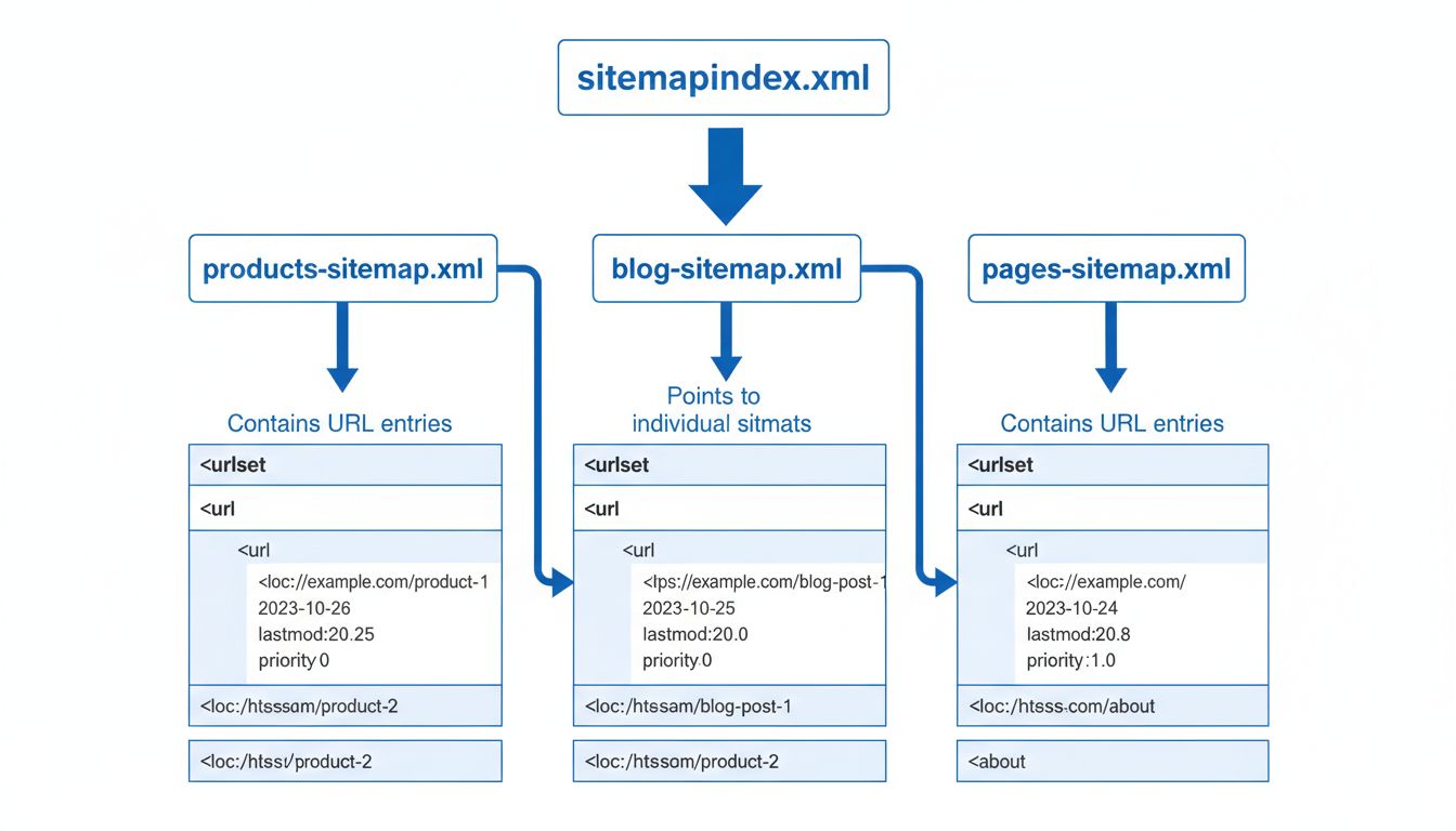 Diagramme de structure d’un sitemap XML montrant un index de sitemap relié à plusieurs sitemaps individuels avec des entrées d’URL