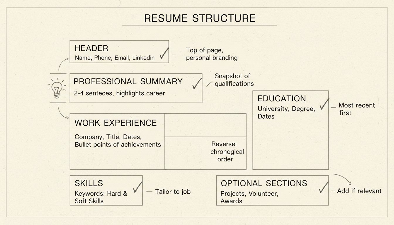 Schéma de structure d’un plan de CV montrant l’en-tête, le résumé professionnel, l’expérience professionnelle, la formation, les compétences et les sections optionnelles avec annotations