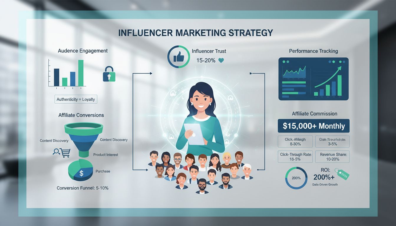 Stratégie de marketing d’influence illustrant la confiance, l’engagement de l’audience, les conversions d’affiliation et les métriques de suivi de performance