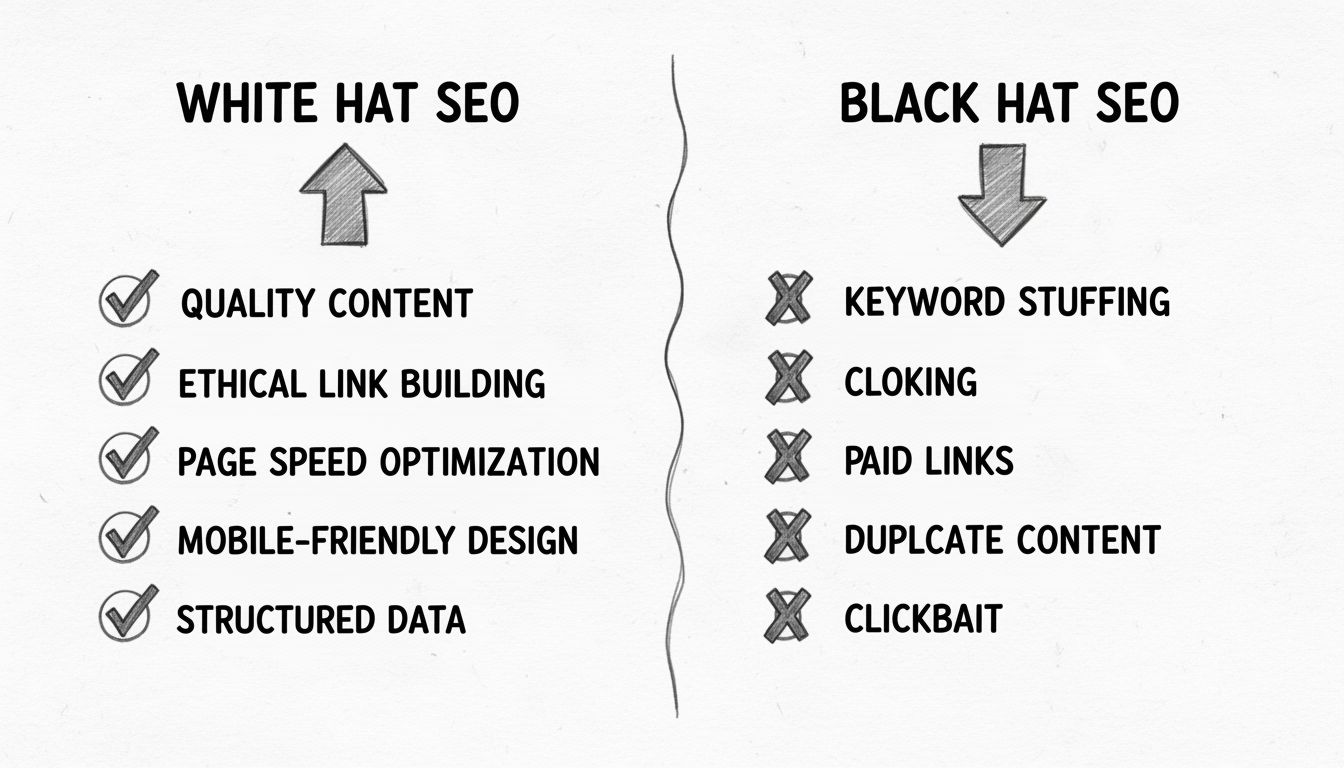 Schéma comparatif des techniques SEO white hat vs black hat montrant les pratiques éthiques avec des coches et les pratiques trompeuses avec des croix