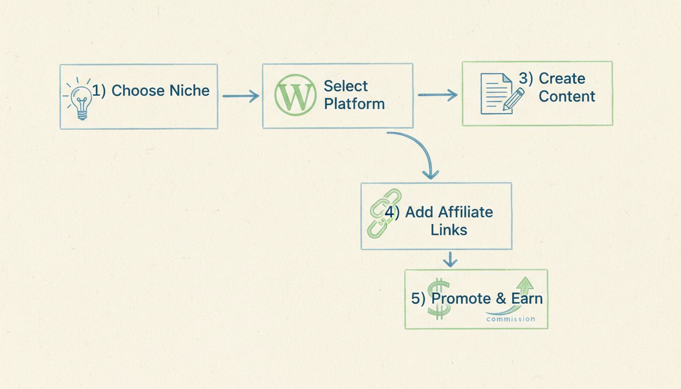 Processus étape par étape de création d’un site d’affiliation montrant cinq étapes principales : Choisir la niche, Sélectionner la plateforme, Créer du contenu, Ajouter les liens affiliés, Promouvoir & Gagner