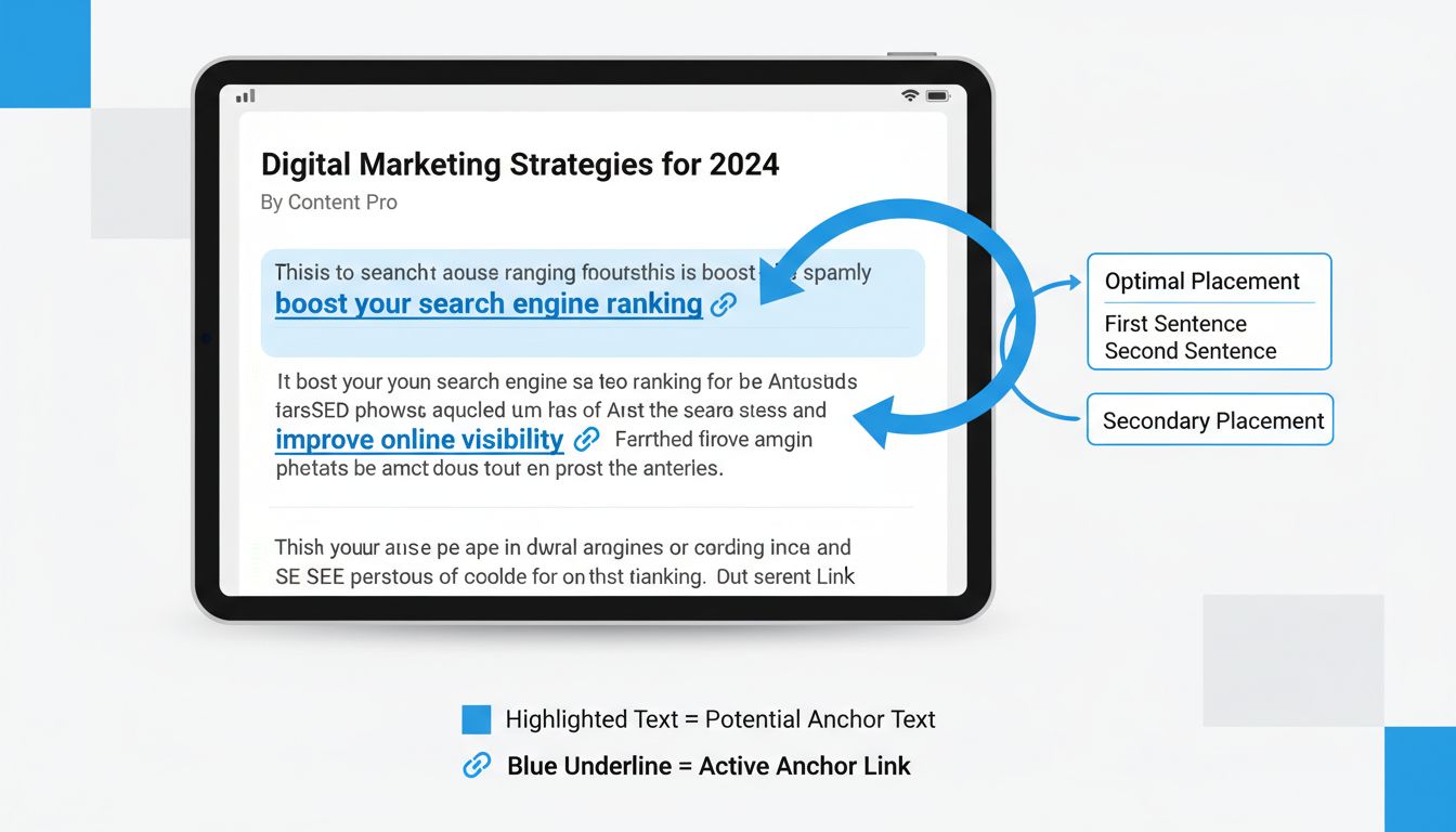Schéma montrant le placement optimal du texte d'ancrage dans la première et la deuxième phrase du contenu avec des indicateurs visuels