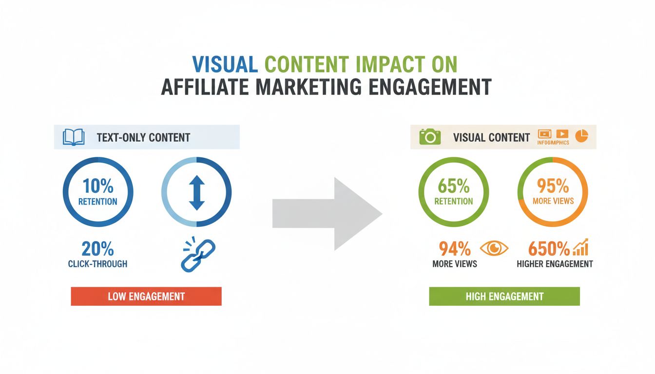 Impact du contenu visuel sur l’engagement en marketing d’affiliation : 94% de vues en plus, 650% d’engagement supplémentaire et 65% de mémorisation par rapport au contenu textuel seul