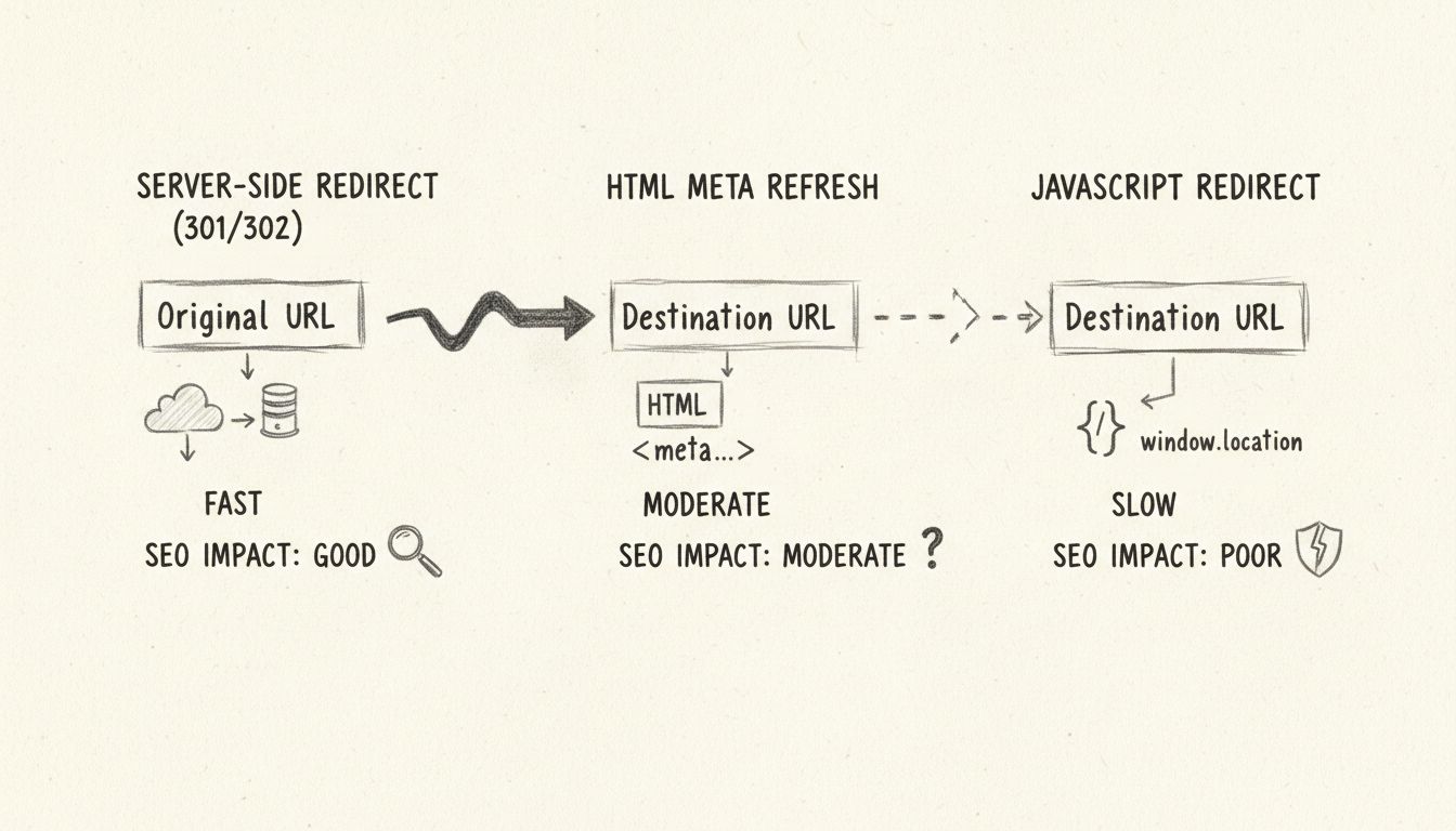 Diagramme comparatif des trois méthodes de redirection : côté serveur, meta refresh HTML, et redirections JavaScript montrant la rapidité et l’impact SEO