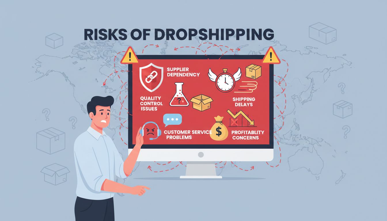 Infographie illustrant les risques du dropshipping : dépendance aux fournisseurs, problèmes de contrôle qualité, retards de livraison, service client et préoccupations de rentabilité